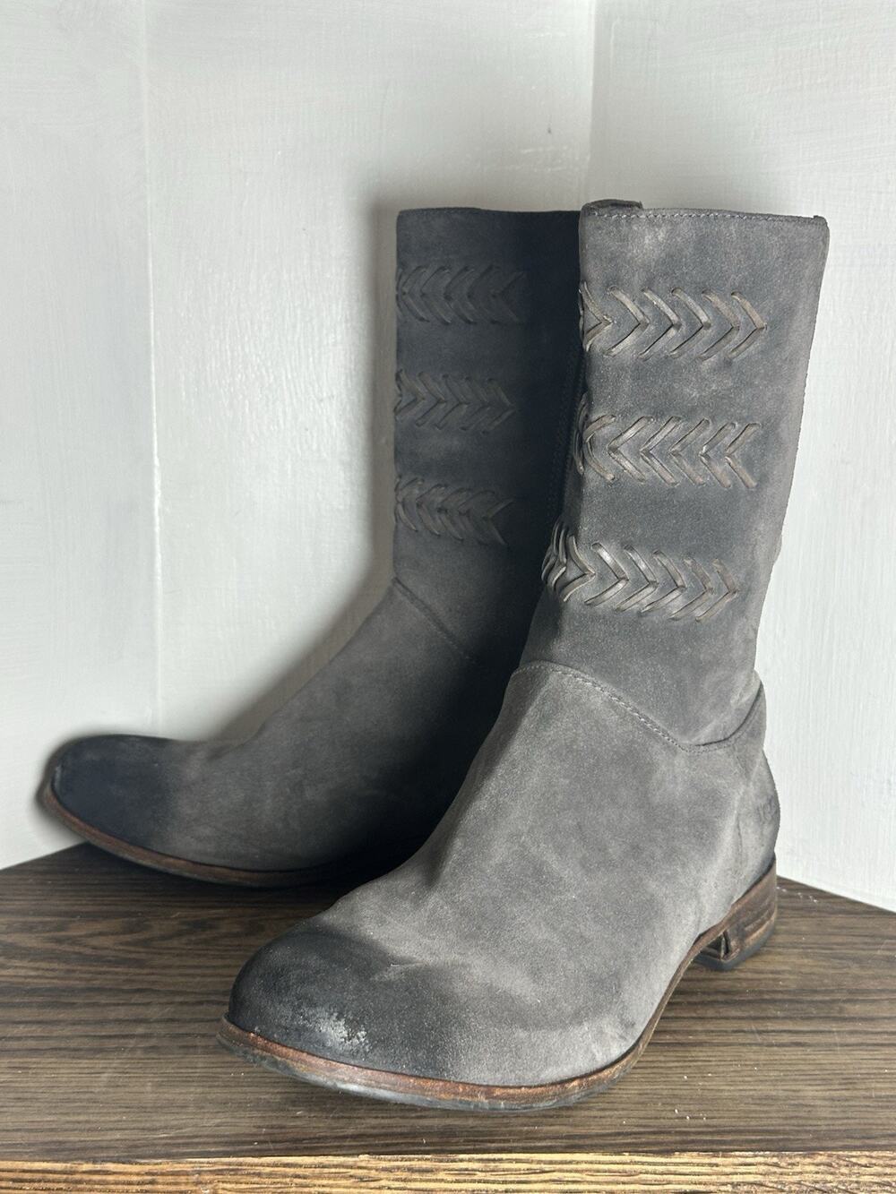 Ugg Boots Womens 9.5 Cailyn Gray Distressed Suede Mid Calf Side Zip Arrow Detail